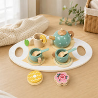 Wooden Tea Set for Pretend Play set out on a real table at home