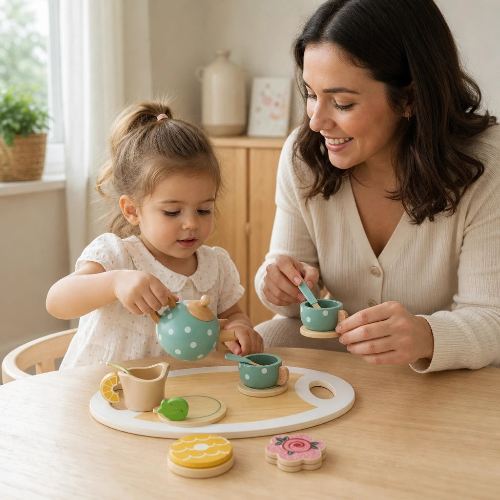 Child playing with the Wooden Tea Set for Pretend Play