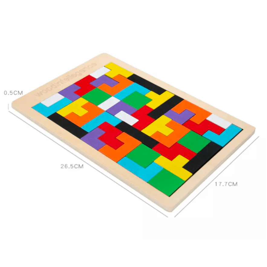 Colourful wooden tetris puzzle completed in its tray