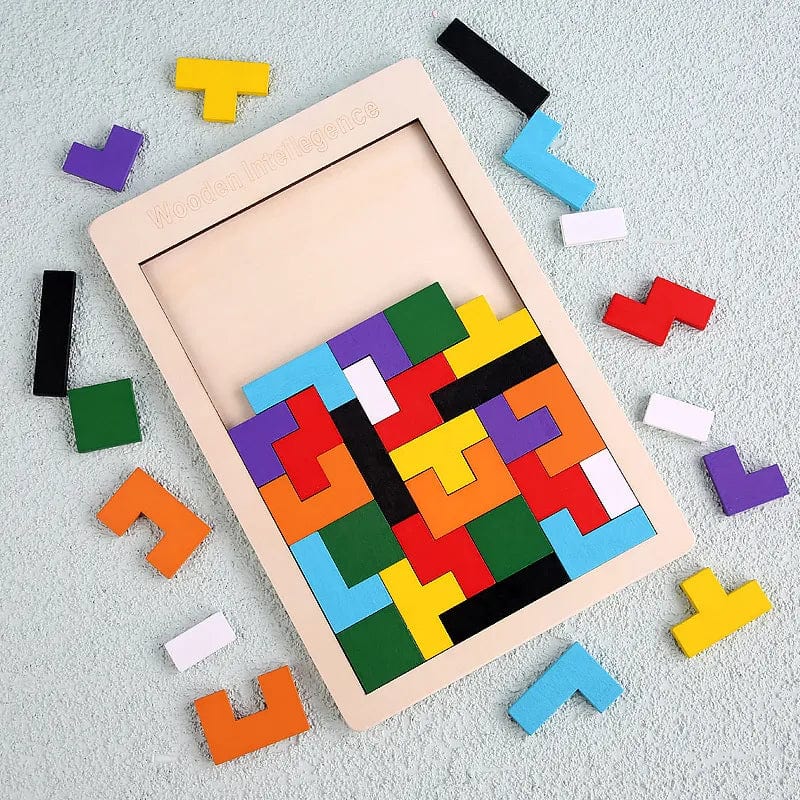 Wooden tetris puzzle partly assembled with loose pieces alongside