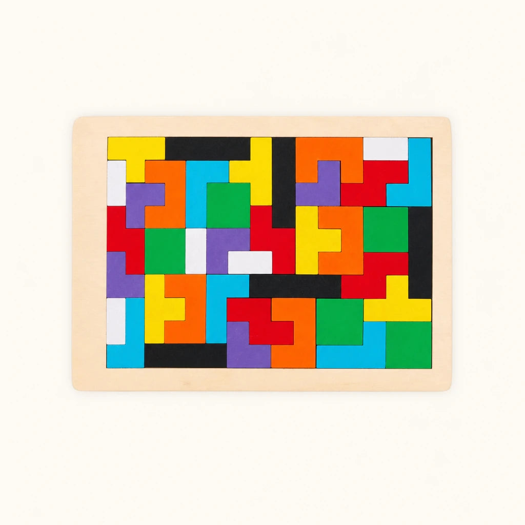 Wooden Tetris Puzzle - Colorful Brain Teaser Game shown complete on a plain background