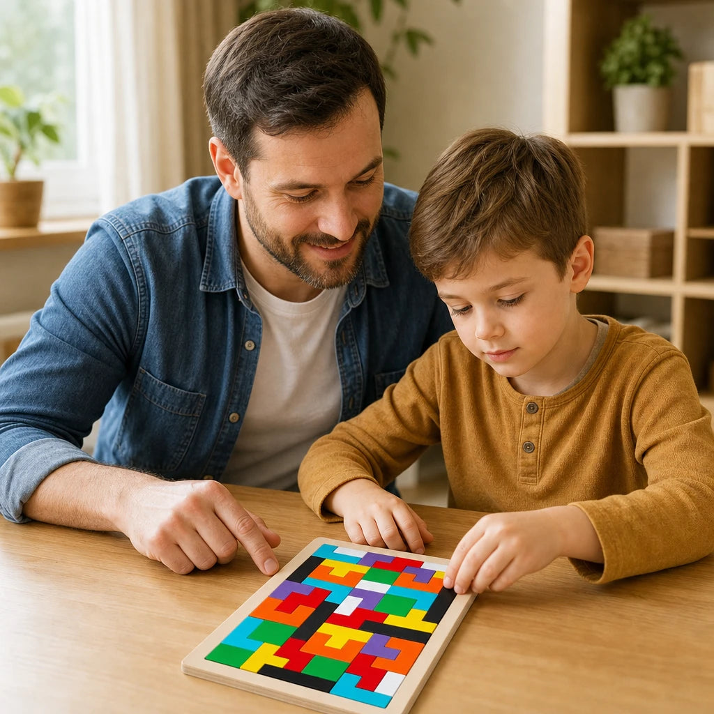 Child playing with the Wooden Tetris Puzzle - Colorful Brain Teaser Game