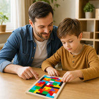 Child playing with the Wooden Tetris Puzzle - Colorful Brain Teaser Game