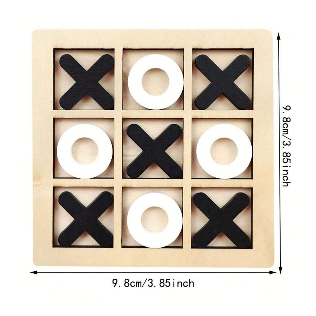 Wooden tic tac toe board with noughts and crosses and dimensions