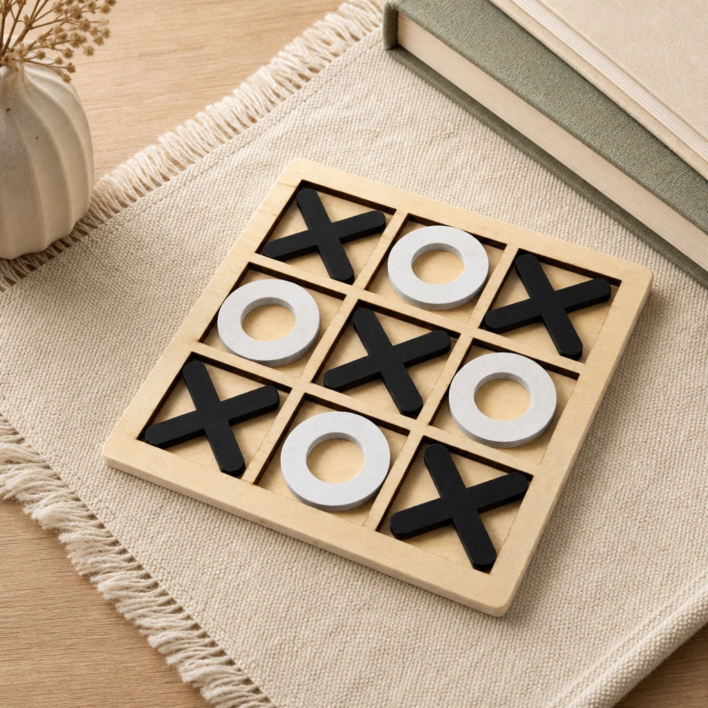 Wooden Tic Tac Toe Game for Kids set out on a real table at home