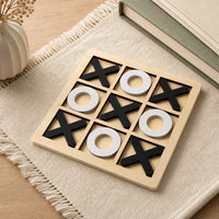 Wooden Tic Tac Toe Game for Kids set out on a real table at home