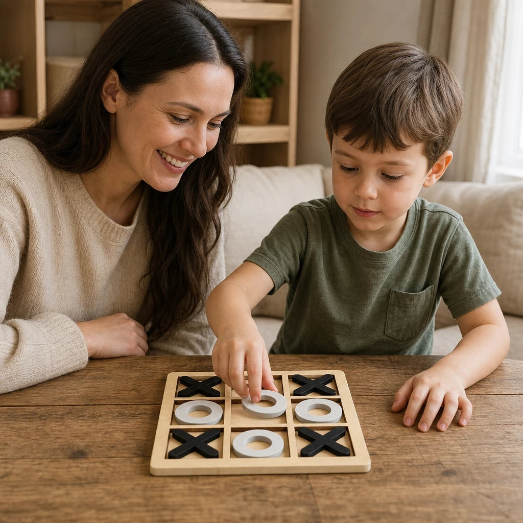 Child playing with the Wooden Tic Tac Toe Game for Kids