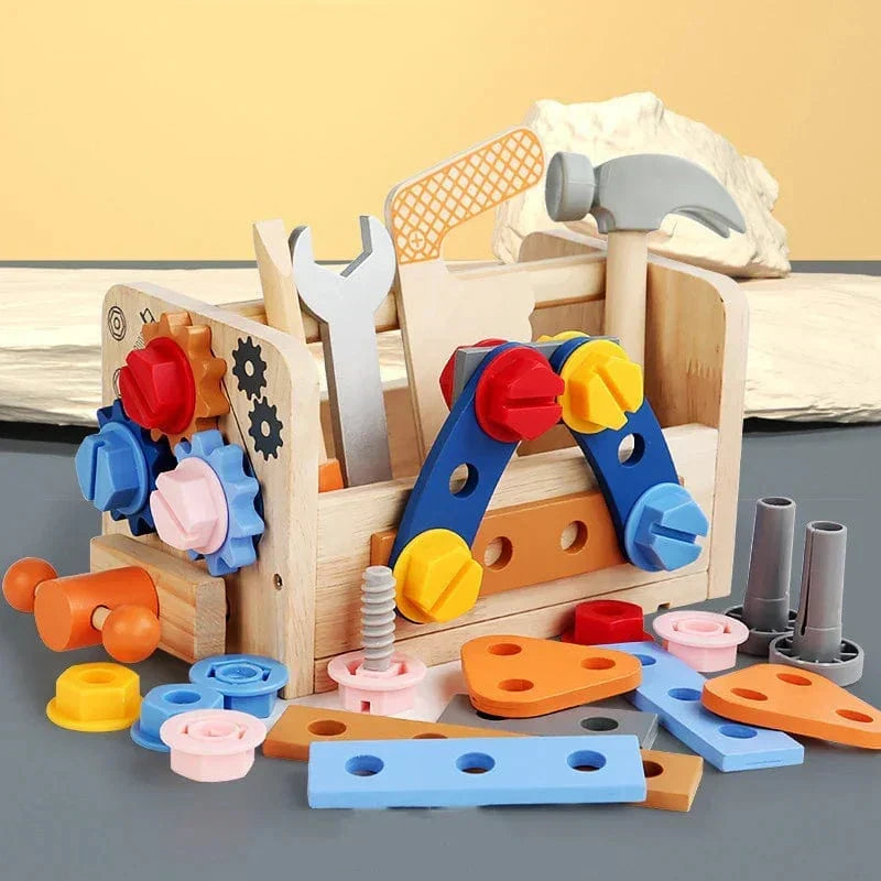 Wooden tool kit with workbench, screws, gears and coloured pieces