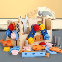 Wooden tool kit with workbench, screws, gears and coloured pieces