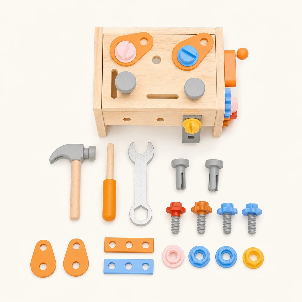 Wooden Tool Kit Montessori Building Set shown complete on a plain background