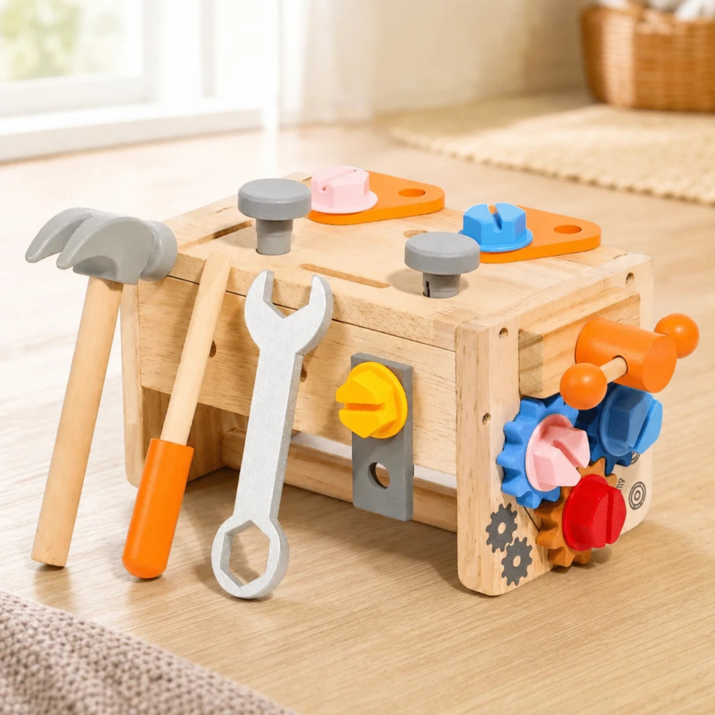 Wooden Tool Kit Montessori Building Set set out on a real table at home