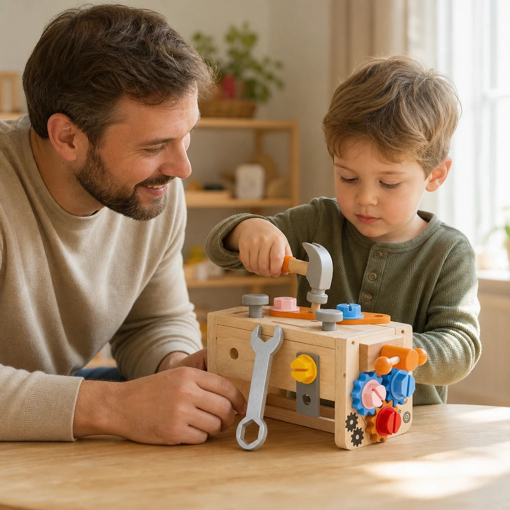 Child playing with the Wooden Tool Kit Montessori Building Set