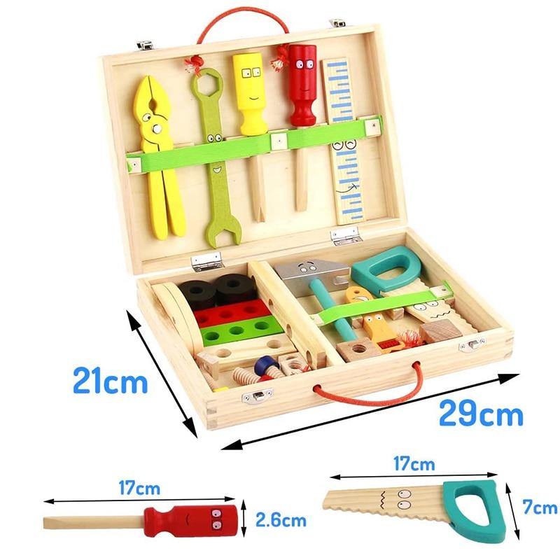 Wooden tool case opened to show saw, spanner and screwdriver