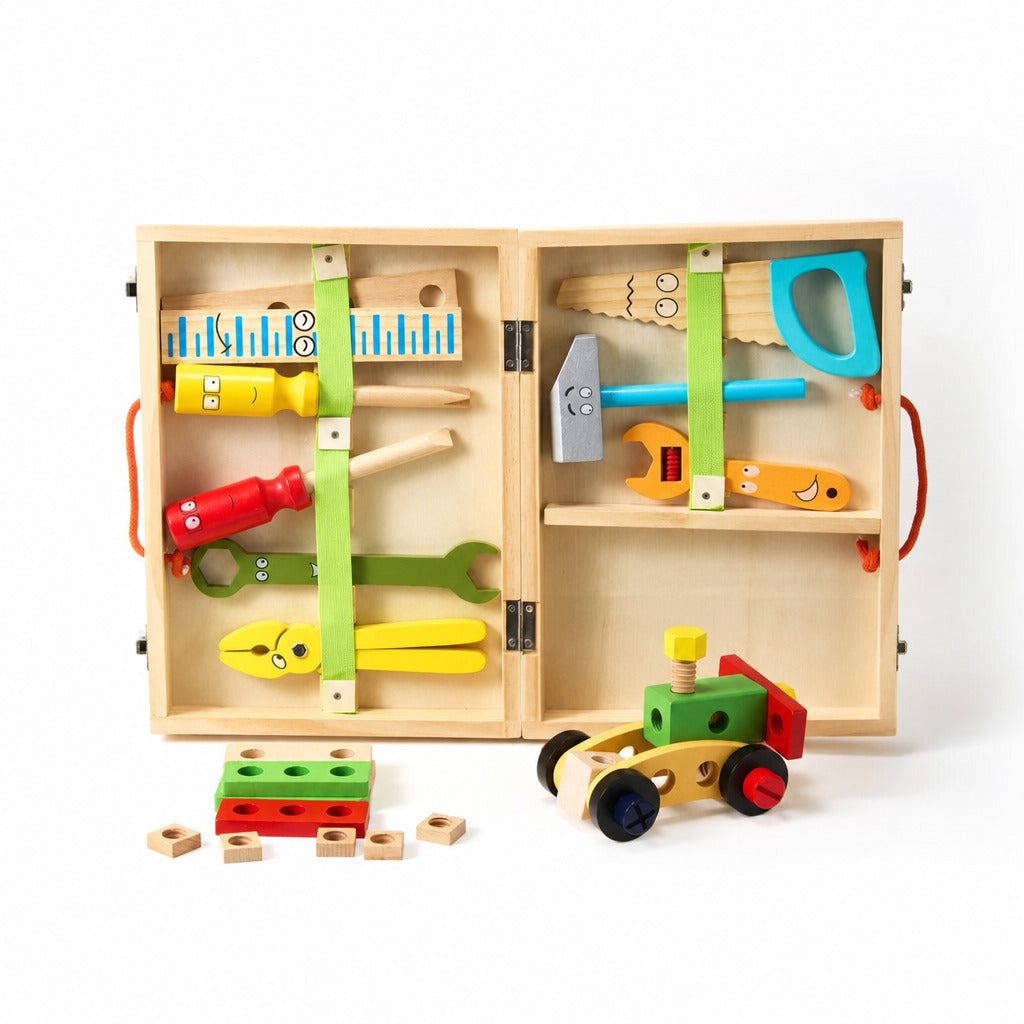Wooden tool case with tools, screws and an assembled toy car