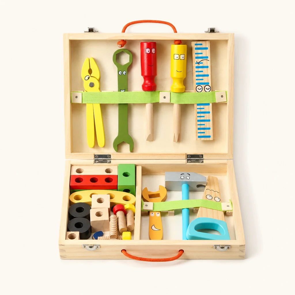 Wooden Tool Kit with Storage Case for Toddlers shown complete on a plain background