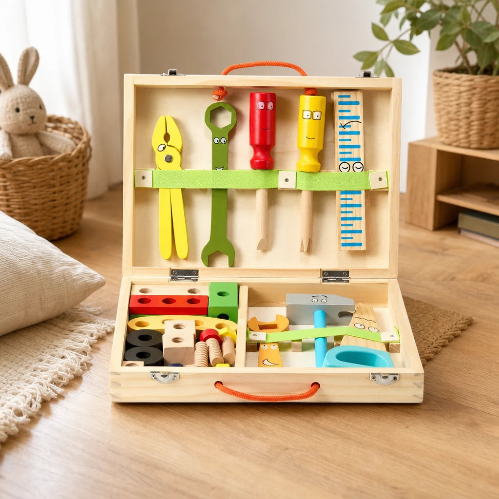 Wooden Tool Kit with Storage Case for Toddlers set out on a real table at home