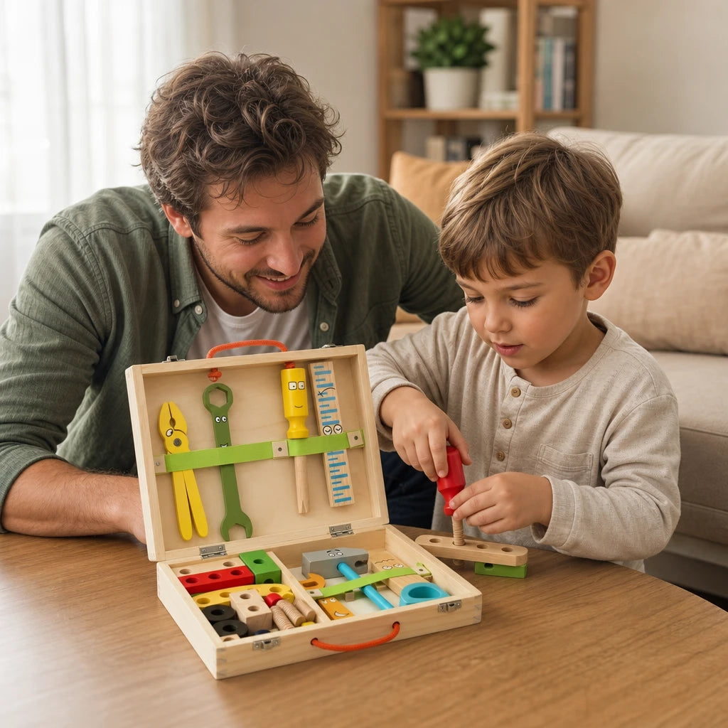 Child playing with the Wooden Tool Kit with Storage Case for Toddlers