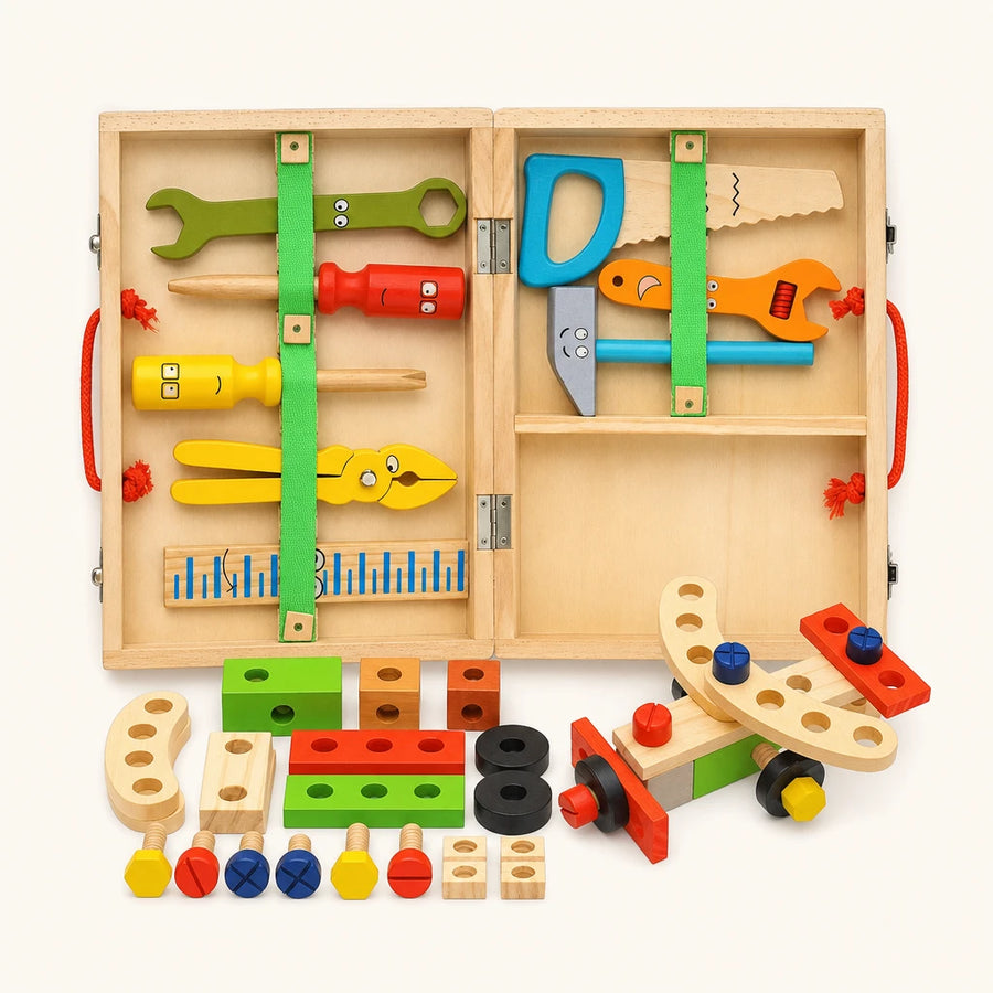 Wooden Tool Kit with Storage Case shown complete on a plain background