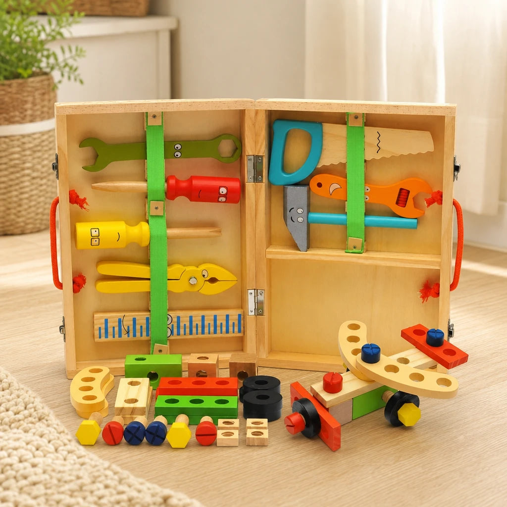 Wooden Tool Kit with Storage Case set out on a real table at home