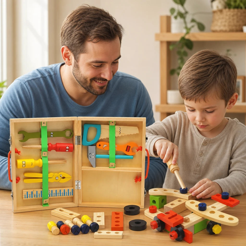 Child playing with the Wooden Tool Kit with Storage Case