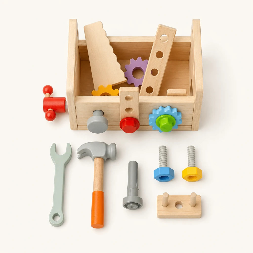 Wooden Tool Set Montessori for Toddlers shown complete on a plain background