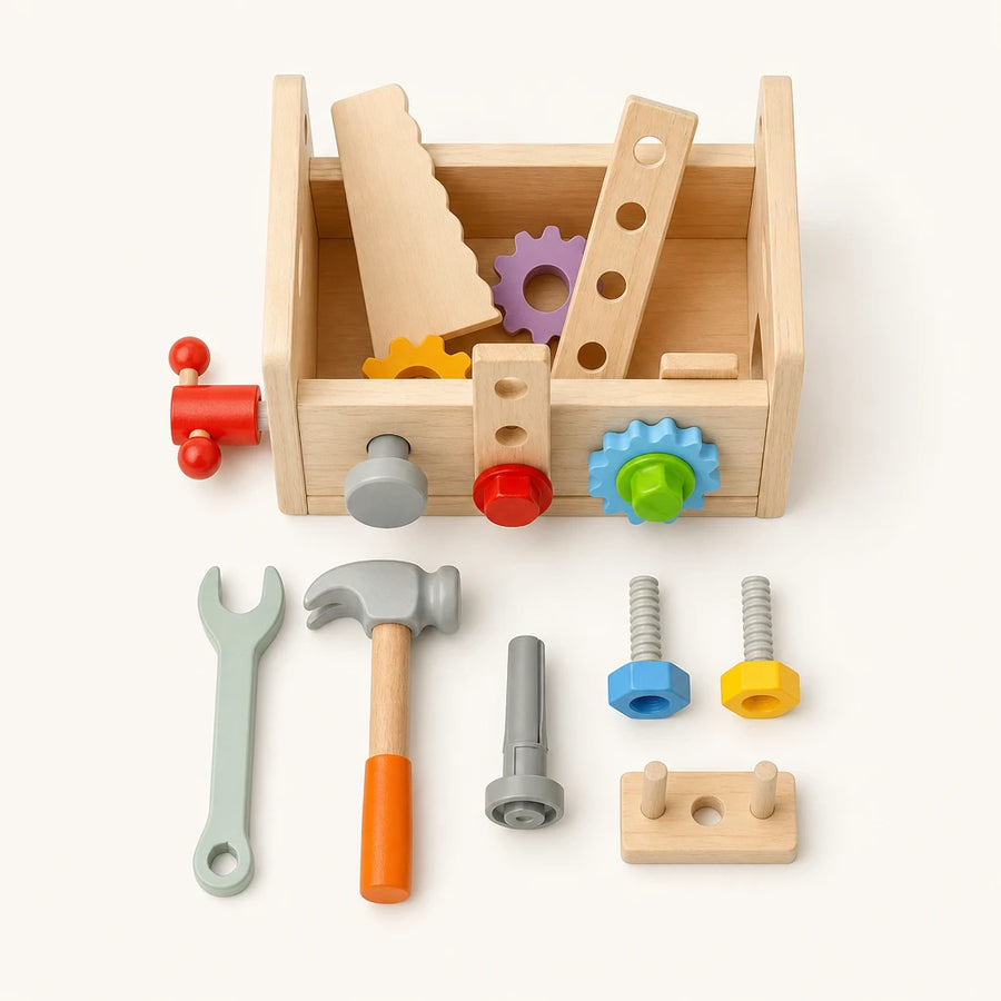 Wooden Tool Set Montessori for Toddlers shown complete on a plain background