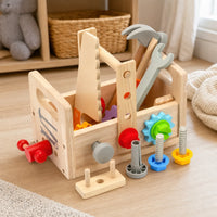 Wooden Tool Set Montessori for Toddlers set out on a real table at home