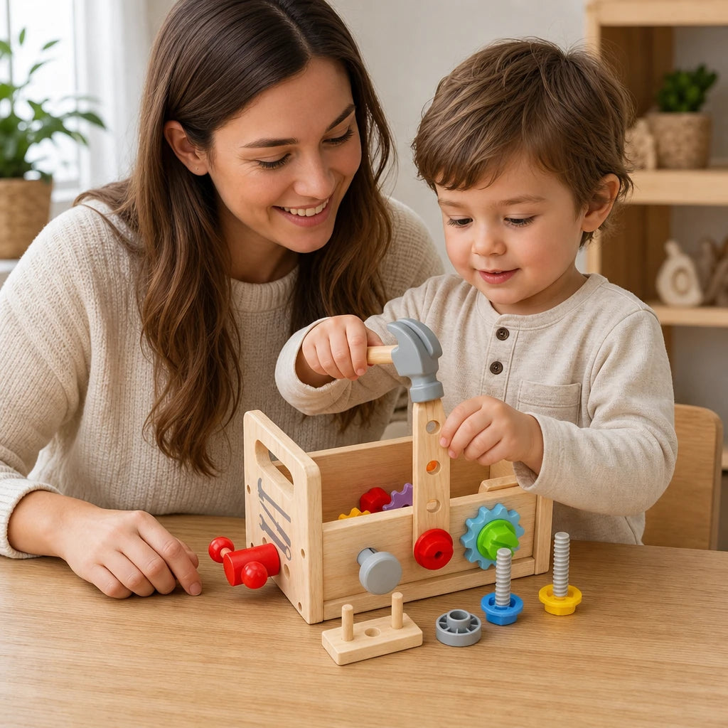 Child playing with the Wooden Tool Set Montessori for Toddlers