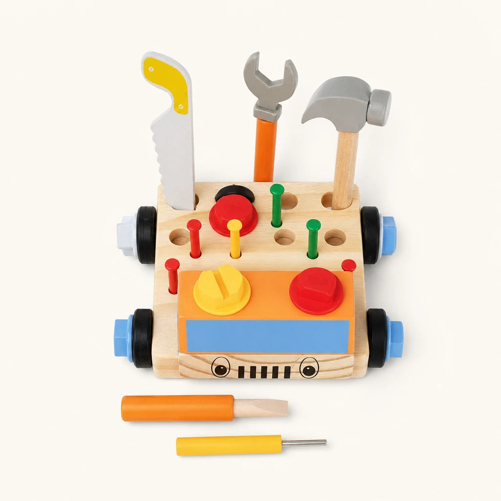 Wooden Tool Truck Montessori Building Set for Toddlers shown complete on a plain background