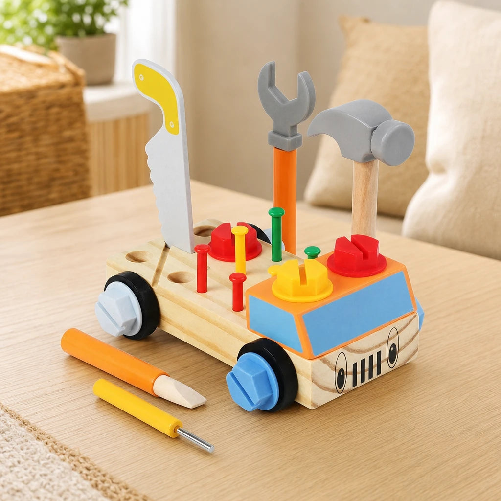 Wooden Tool Truck Montessori Building Set for Toddlers set out on a real table at home