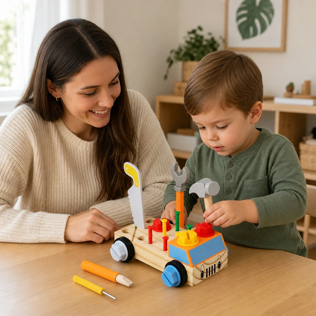 Child playing with the Wooden Tool Truck Montessori Building Set for Toddlers