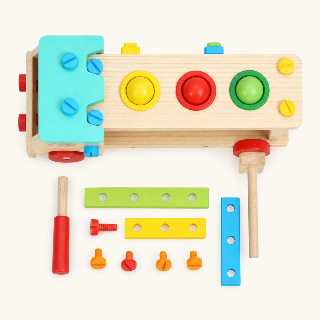 Wooden Tool Truck - Multifunctional Workbench Toy shown complete on a plain background