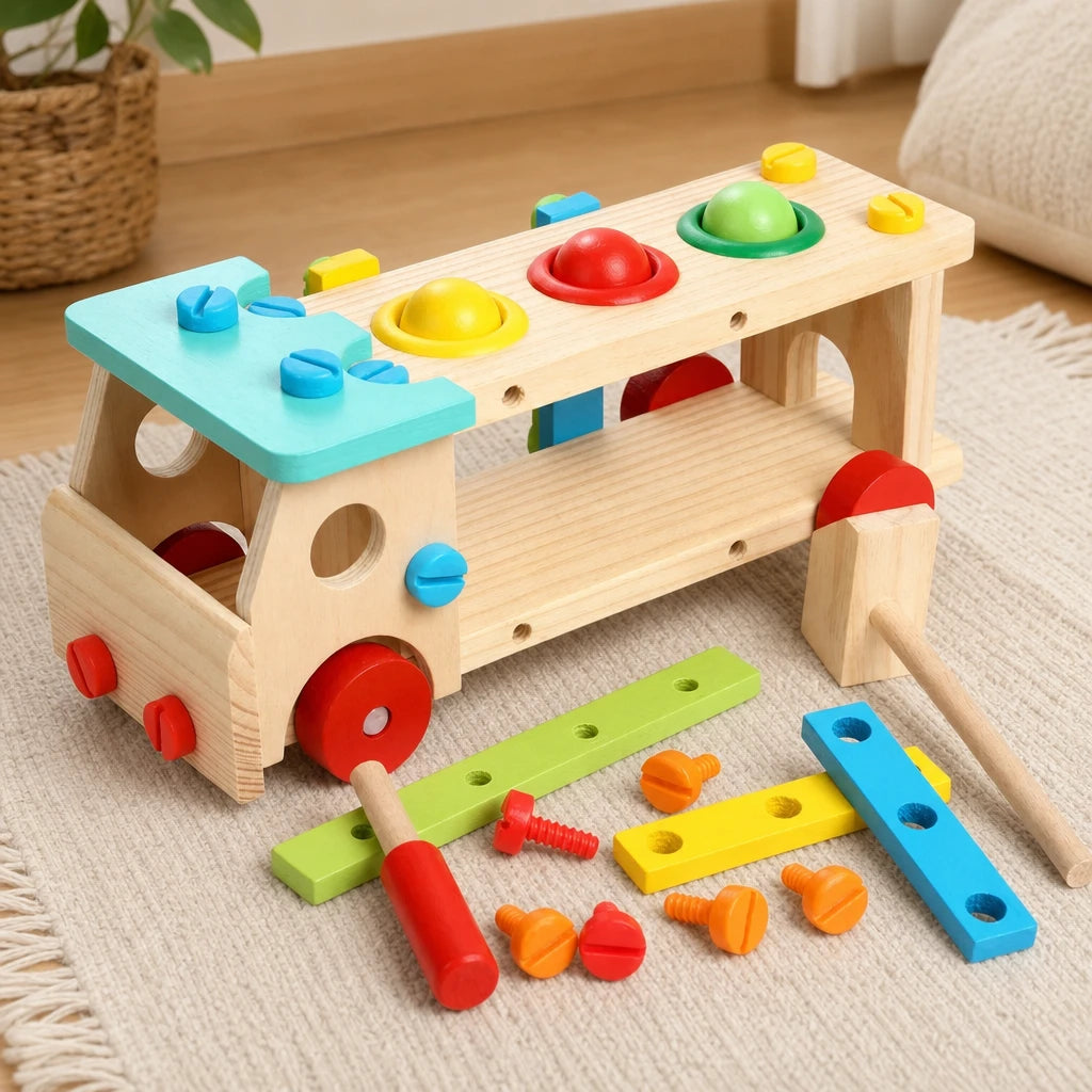 Wooden Tool Truck - Multifunctional Workbench Toy set out on a real table at home