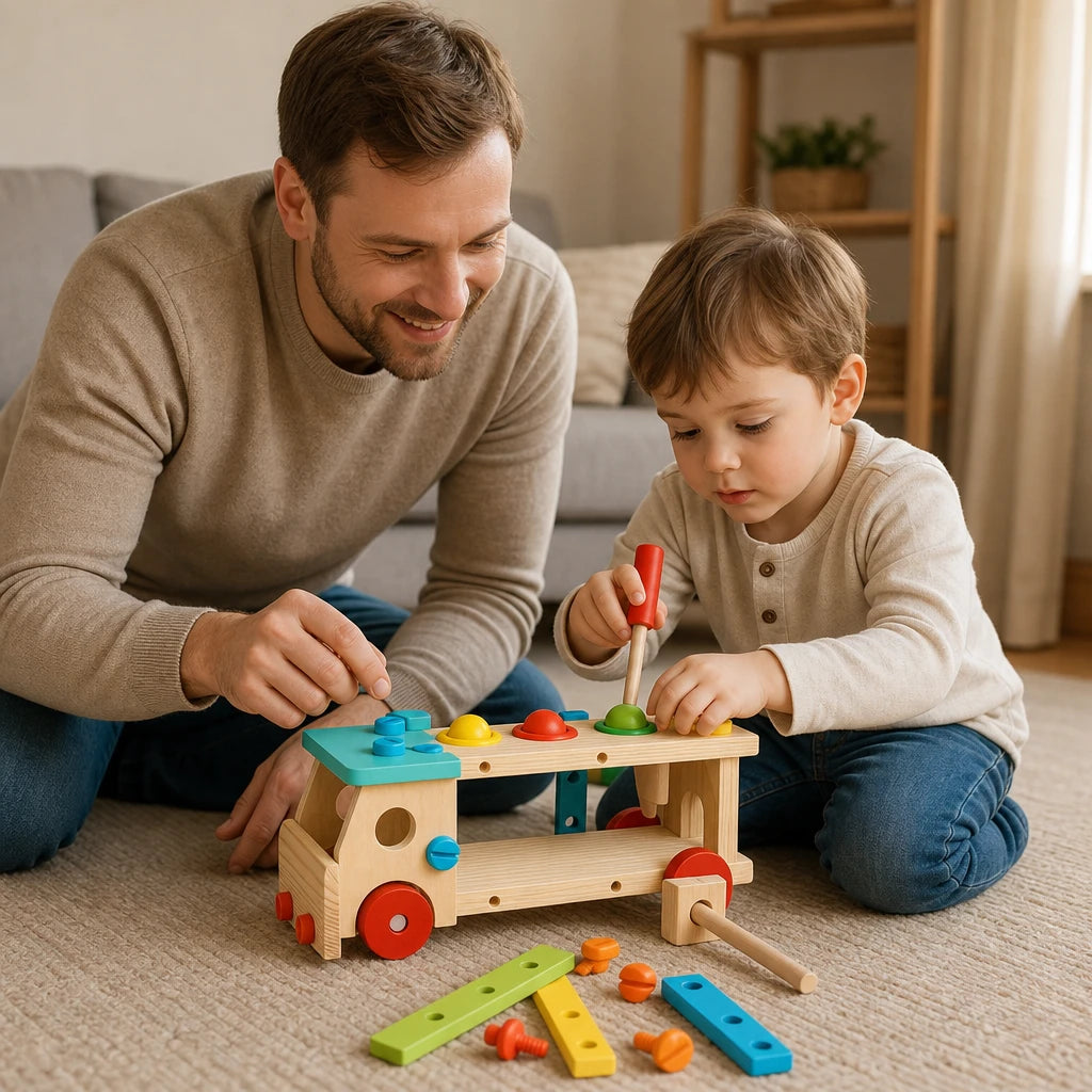 Child playing with the Wooden Tool Truck - Multifunctional Workbench Toy