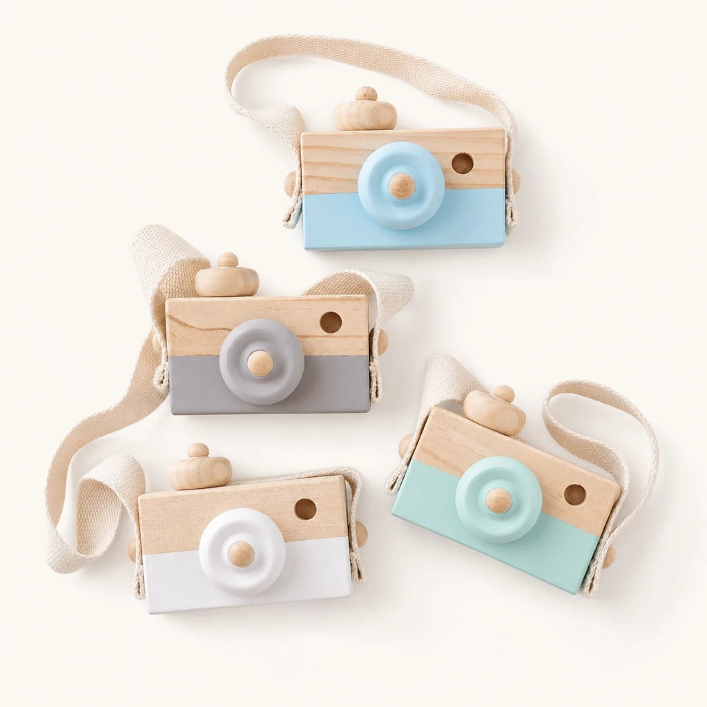 Wooden Toy Camera with Strap for Pretend Play shown complete on a plain background