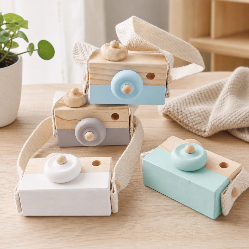Wooden Toy Camera with Strap for Pretend Play set out on a real table at home