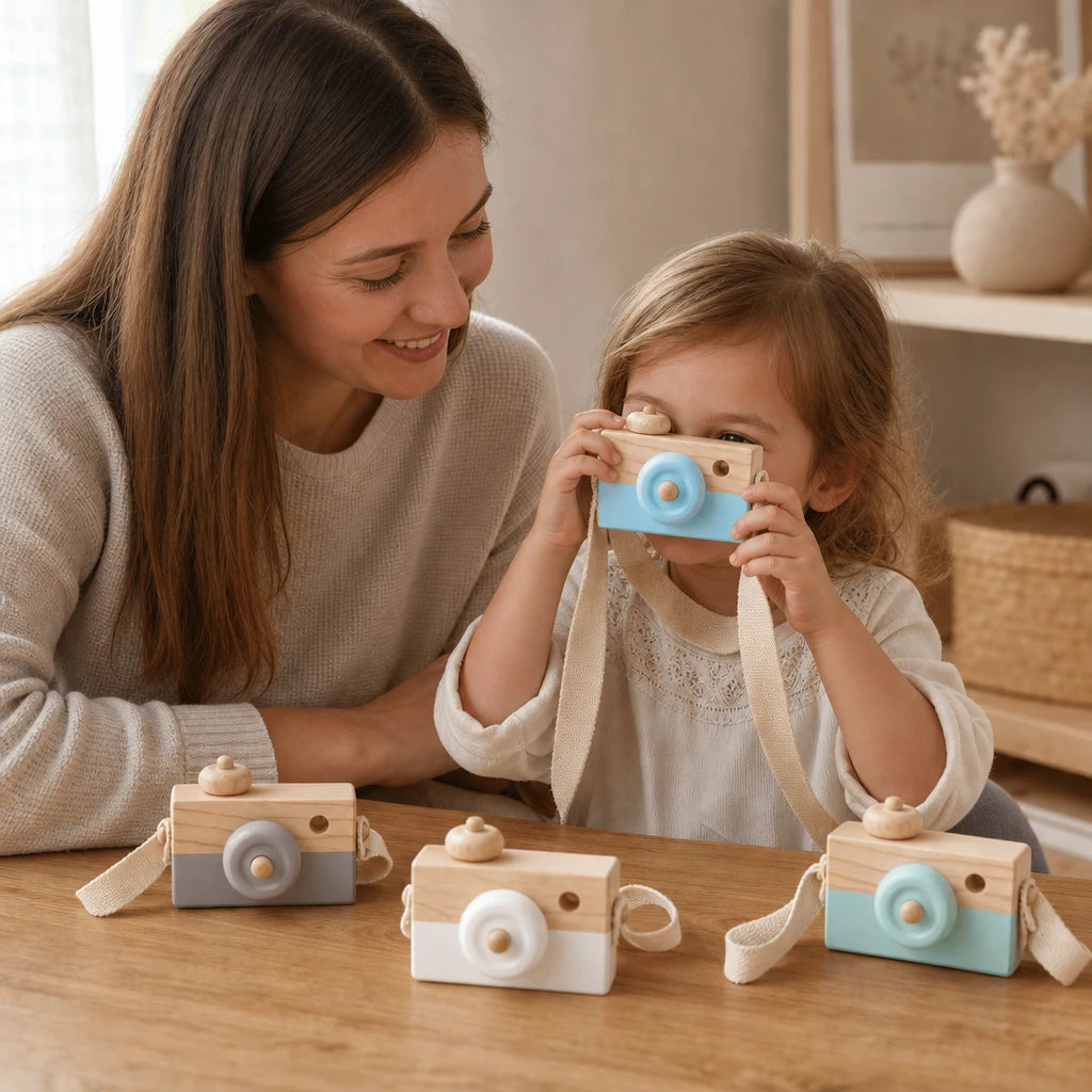 Child playing with the Wooden Toy Camera with Strap for Pretend Play