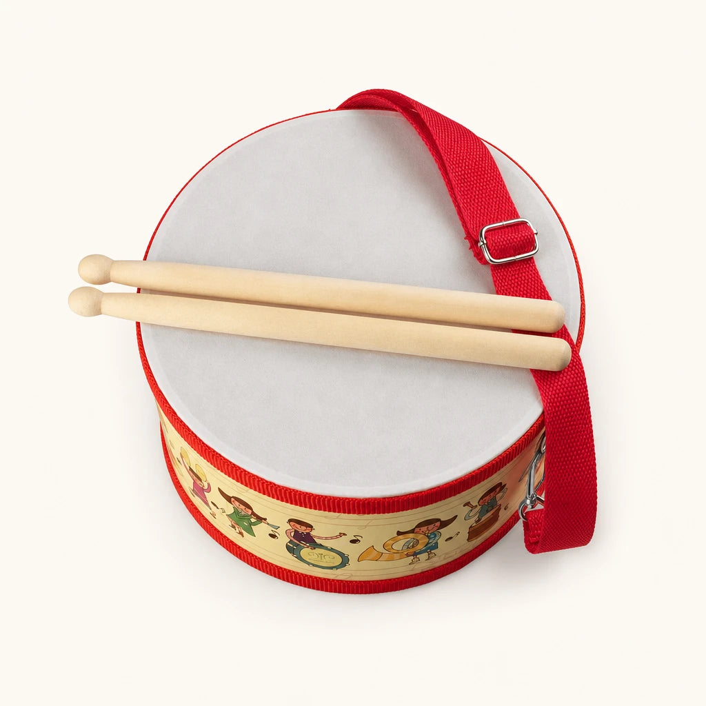 Wooden Toy Drum with Carry Strap shown complete on a plain background