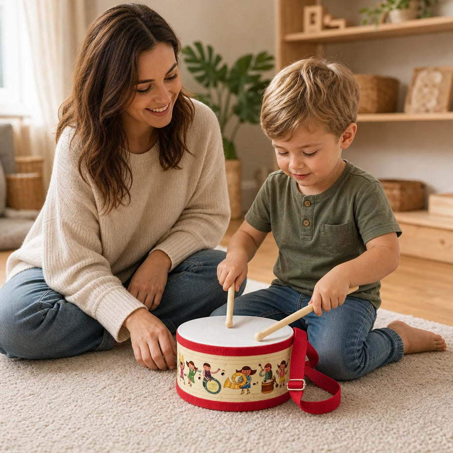Child playing with the Wooden Toy Drum with Carry Strap