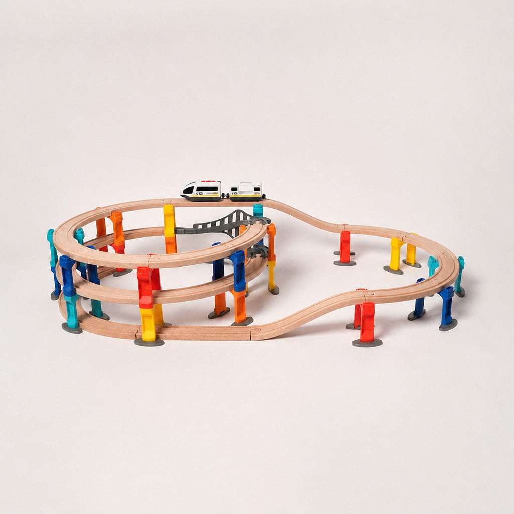 Wooden train set assembled into an oval track with the magnetic train
