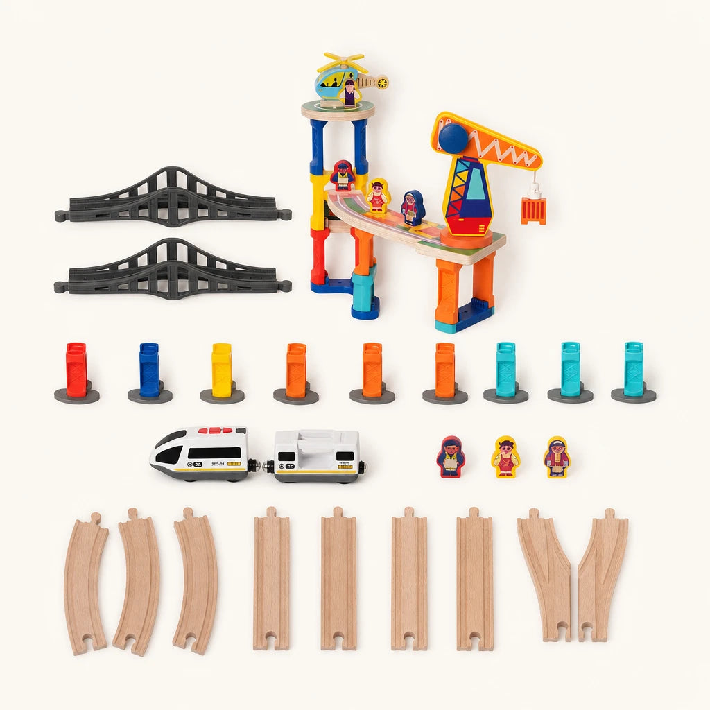 Wooden Train Set with Crane – Magnetic 60-Piece Track shown complete on a plain background