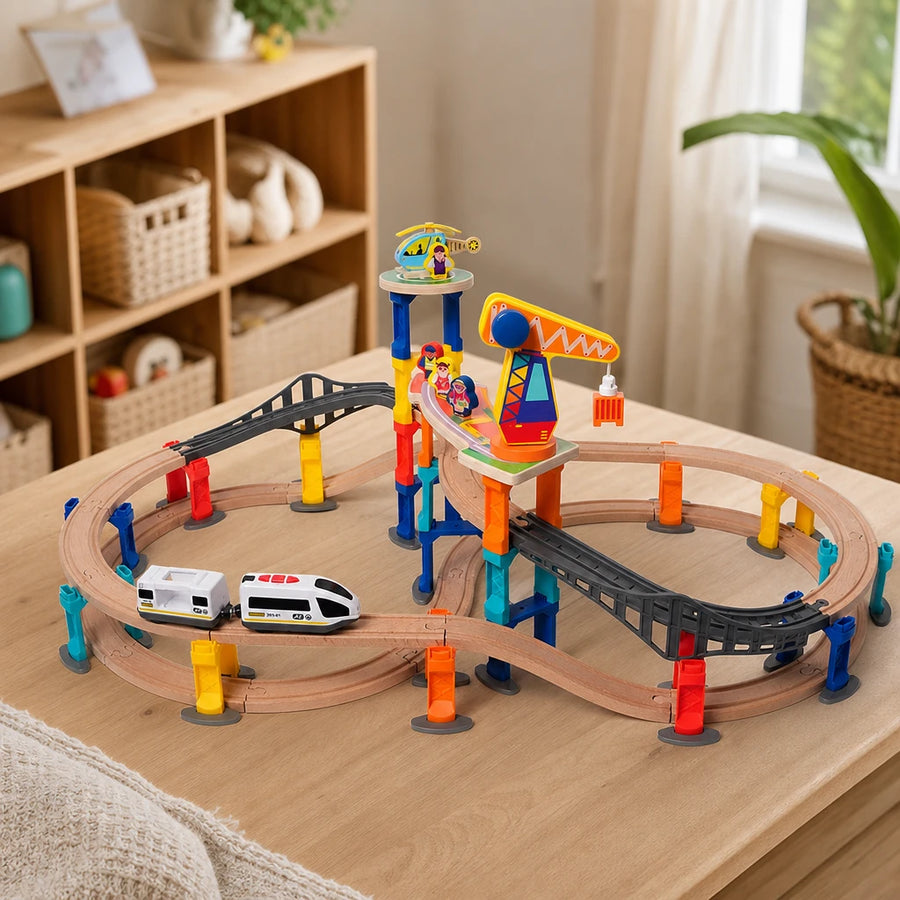 Wooden Train Set with Crane – Magnetic 60-Piece Track set out on a real table at home