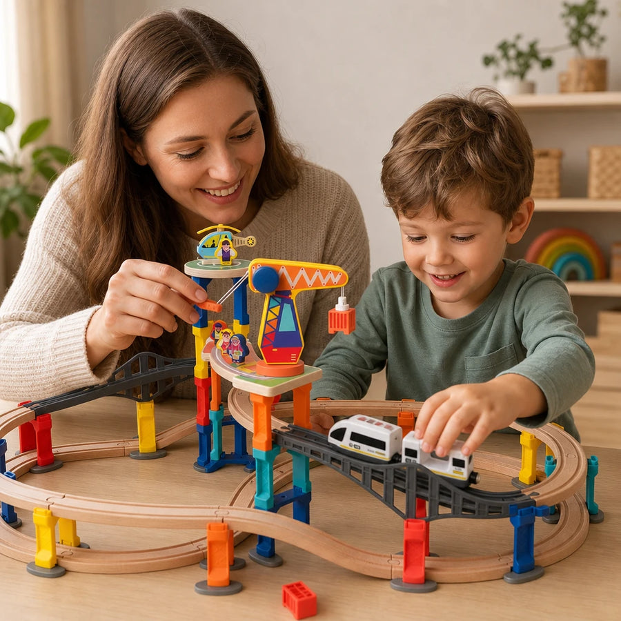 Child playing with the Wooden Train Set with Crane – Magnetic 60-Piece Track